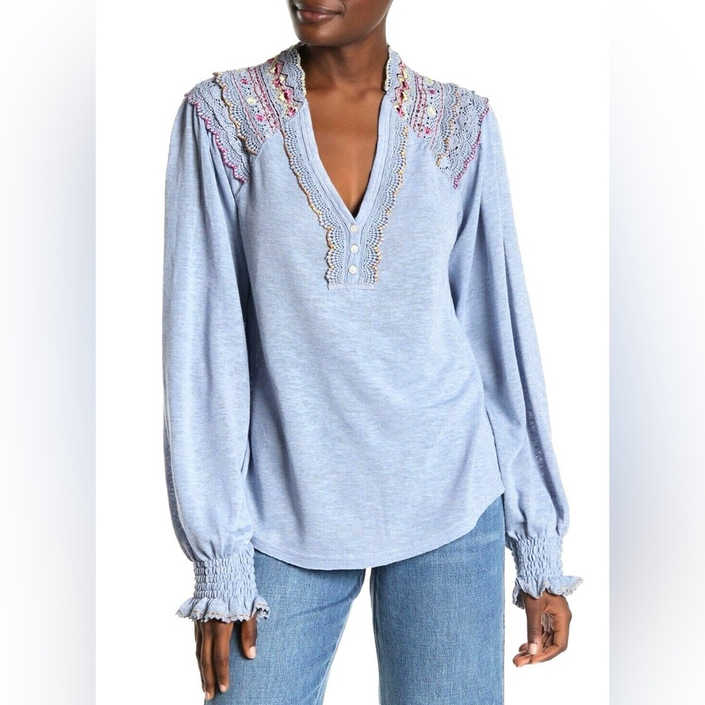 FREE PEOPLE Light Blue Crochet V Neck Long Sleeve “Siesta Fiesta” Top